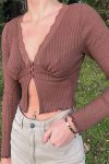 Brown-V-Neck-Button-Front-Lace-Crop-Top-4