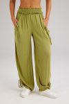 Drawstring-Shirred-Waist-Wide-Leg-Trousers-Green-front