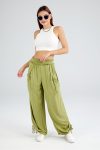 Drawstring-Shirred-Waist-Wide-Leg-Trousers-Green-front