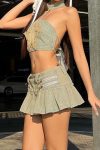 Halter-Distressed-Crop-Top-Ruched-Skirt-Suits-1