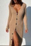 V-Neck-Single-breasted-Solid-Color-Knitted-Dress-1