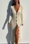 V-Neck-Single-breasted-Solid-Color-Knitted-Dress-1